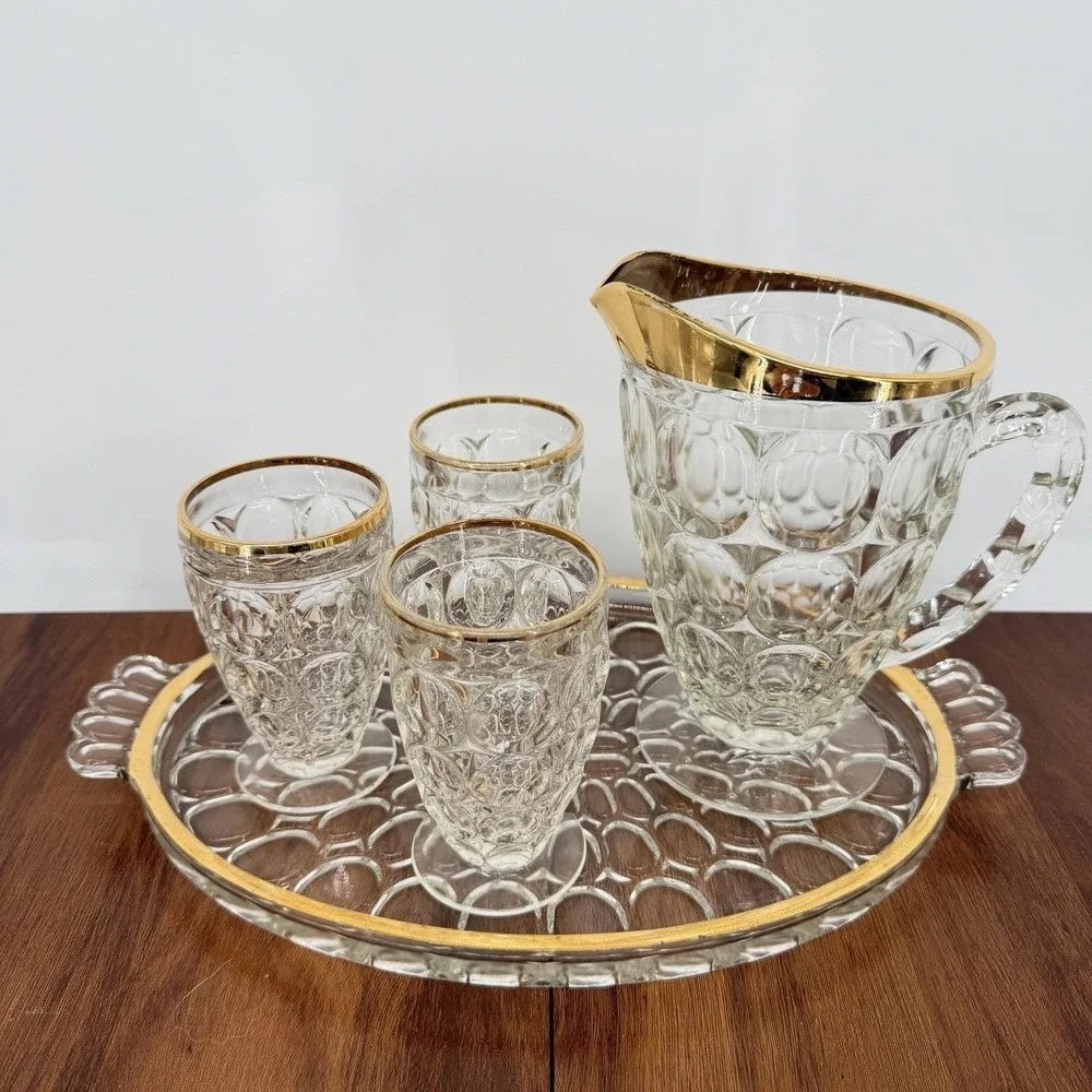 VTG Jeannette Thumbprint Gold Trim Juice Glasses Pitcher Tray Set Mid Century